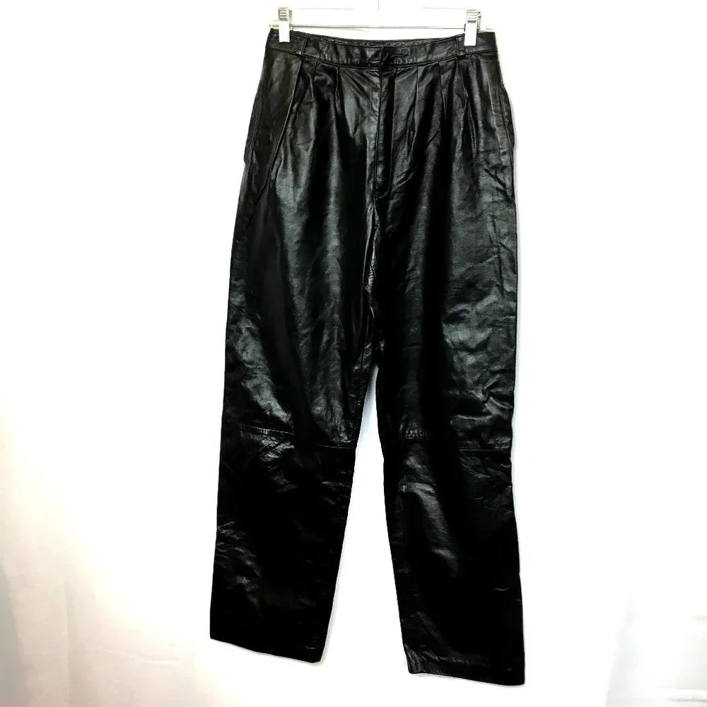 80s Vtg Black Leather High Waist Tapered Pants